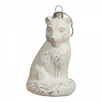 Front view of white fox ornament showing detailed fur texture and vintage distressing