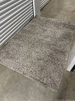 Image of a single shag carpet with a thick, textured pile in neutral mixed gray color laid out on a concrete floor.