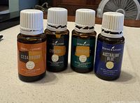 Four bottles of Young Living essential oils placed side by side: Cedarwood, Cypress, Peppermint, and Australian Blue, each showing label and cap condition.