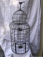 Full view of the medium-sized black metal birdcage with dome top and decorative bird figure on top, showing front hinged door and clasp latch.