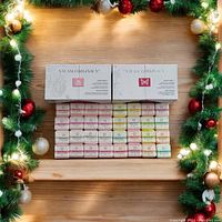 Top view showing two unopened boxes of Steam Originals shower steamers, each containing 16 individually wrapped shower bombs in various colors and labeled with blend numbers.