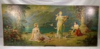 Full view of the unframed wall art print on wood panel depicting a lakeside scene with fairies and women in vintage condition.