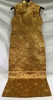 Full view of the vintage gold silk Cheongsam dress showing traditional Chinese style with zipper and snaps