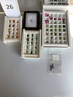 Overall view of four trays containing mixed gemstones and gift box
