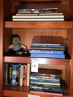 Top shelf showing three thin art/engineering volumes and three unidentified white-bound hardcovers