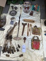 Painted wooden diorama of church and two ceramic figurines of couple and horseman