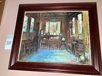 Overall view of the oil painting in cherry wood frame