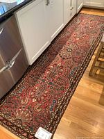 Full view of rug in kitchen setting showing overall pattern and condition