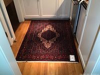 Full view of rug laid on hardwood floor between cabinets