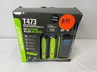 Front view of the Motorola T473 Talkabout two-way radios 3-pack in original packaging with orange sale sticker.