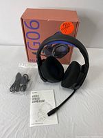 Front view of Nubwo G06 headphones with mic, USB charging cable, and instruction manual in front of the product box.