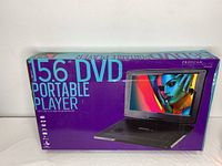 Box for Proscan Elite 15.6" Portable DVD Player showing image of product and key features.