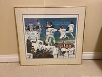 Front view of Blue Jays 1992-1993 Pennant win framed print showing detailed players and fans celebrating, in brass frame with white matte.