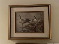Full view of the framed Robert Bateman print showing Canadian geese standing by water, set in beige frame with gold trim