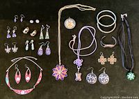 Full view of all jewelry items on black background showing variety of earrings, necklaces, bracelets, and pendants arranged separately.