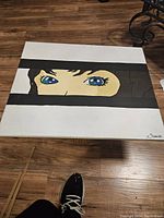 Full view of anime style painting with blue eyes and black horizontal bands, signed Siddal.