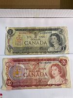 Two Canadian paper banknotes, $1 and $2 bills, showing full front sides with visible wear, creases, and a tear on the $1 bill.