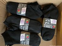 Four packs of black low cut socks, each pack with label indicating 4 pairs, shoe size 6-12 from Fruit of the Loom, cushioned sole.