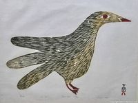 Close-up of stylized bird image showing color and line work