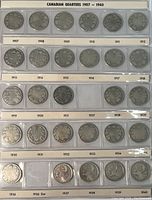 First album page showing Canadian quarters dated 1907–1940 in six-coin rows with year labels below each slot