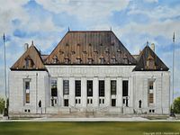 Close-up image of the painting of the Supreme Court of Canada building showing architectural details and sky.