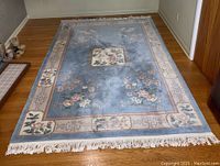 Full view of the light blue field and beige border with fringe visible