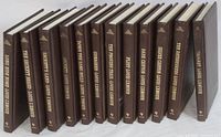 Photo showing 14 hardcover books by Louis L'Amore with brown covers and gold embossed titles on the spine.