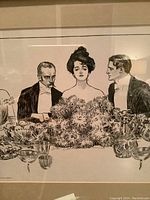 Close-up of the etching artwork showing three of the five people seated at the dinner table with detailed floral centerpiece and tableware.