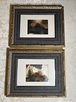 Pair of two small framed watercolour paintings on table, gold and dark textured frames, glazed, photo of both paintings