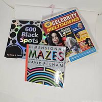 Three books laid flat: 600 Black Spots (pop-up book), Dimensional Mazes (maze activity book), Celebrity Meltdowns (magazine-style)