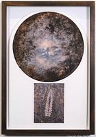Framed digital photo-collage featuring a circular landscape above a fossil image, displayed vertically, mounted in a dark wood frame.