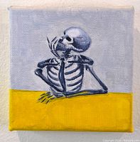 Front view of small square canvas painting of a skeleton resting head on hand at yellow table, gray background.