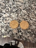 Photo of two 2008 Canadian $1 coins placed on a speckled granite surface showing the loon design side