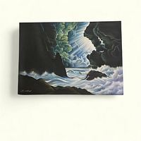 Full view of the oil painting showing the overall composition with a seascape and cliffs under a stormy sky with rays of sunlight.