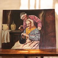 Full view of the oil painting showing two elderly women in traditional clothing in warm tones, seated and standing, holding a handbag and a glass respectively.