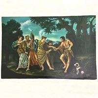 Full view of oil painting showing five figures and a dog in forest setting with dark, dramatic tones.