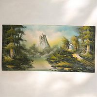 Full view of the oil painting showing mountain, river, trees and cottage in natural setting.
