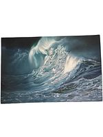 Full view of the oil painting on canvas showing a seascape with large waves in motion under a stormy sky.