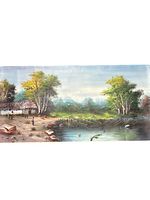 Full view of the oil painting on canvas showing lake, cottage, trees and a person near water edge.