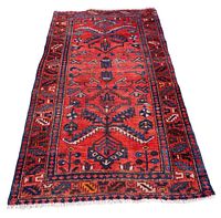 Full view of the Persian Saveh rug showing colors, design, and fringed edges.