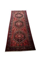 Full view of the rectangular Zanjan Persian freestyle handmade wool rug showing three large central geometric medallions and decorative borders in natural color tones.