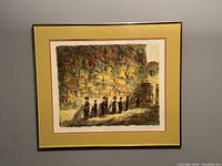 Full view of framed lithograph depicting Western Wall Jerusalem with worshippers, matted and framed ready for display.