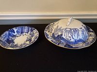 Covered vegetable dish and cereal bowl shown together to display the pattern and size comparison.