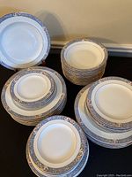 Multiple dinnerware pieces arranged, showing various sizes and matching pattern of Theodore Haviland Limoges china.