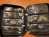 Opened zippered black case revealing multiple clear plastic zippered compartments containing organized costume jewelry pieces including earrings and rings.