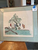 Full view of framed oriental screen print showing the entire artwork with farmers, tree, and river scene.