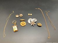 Full view of vintage pins, lockets, earrings, and necklaces laid out on black background.