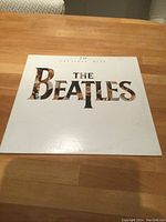 Front cover of The Beatles 20 Greatest Hits album with white background and large 'THE BEATLES' text.