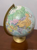 Front view of globe showing Asia and surrounding regions with countries marked in different colors, mounted on a gold metal base.