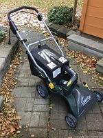 Side angle view of Yardworks LawnVac showing dark green body, foam handle grips, black leaf collection bag with clear window, yellow adjustment knobs, and four wheels on brick pathway surrounded by dried leaves.